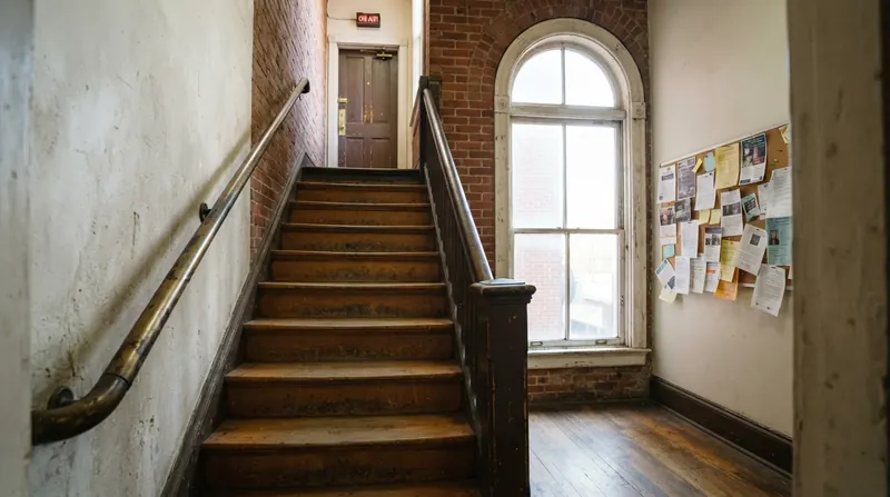 A narrow wooden staircase inside an old brick building leading up to a radio studio door with an unlit on-air sign