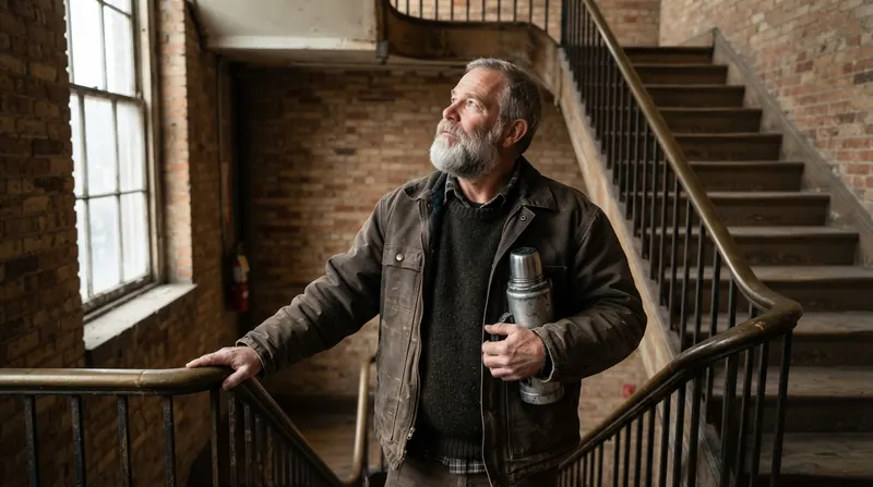 An older man in a wool jacket pausing on a stair landing with one hand on the railing, holding a thermos, in early morning light