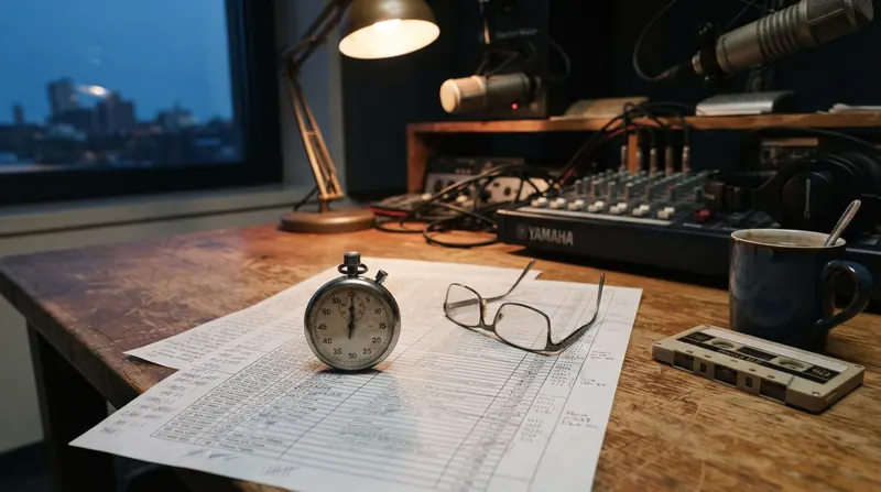 A printed radio program rundown sheet with pencil tally marks in the margin beside a stopwatch and reading glasses