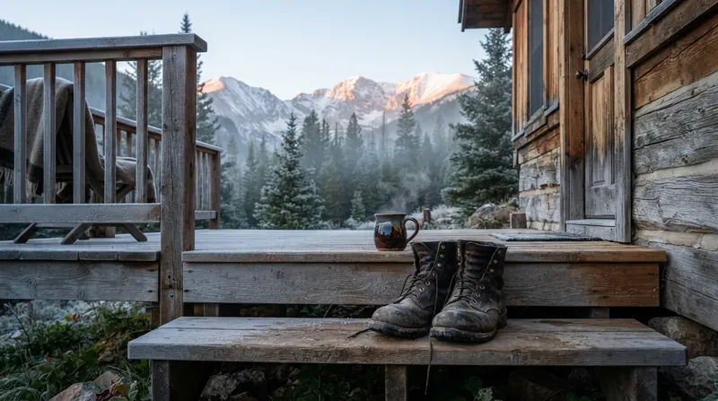 A wooden back step of a mountain house at dawn with a pair of work boots and a mug of coffee, frost on the railing