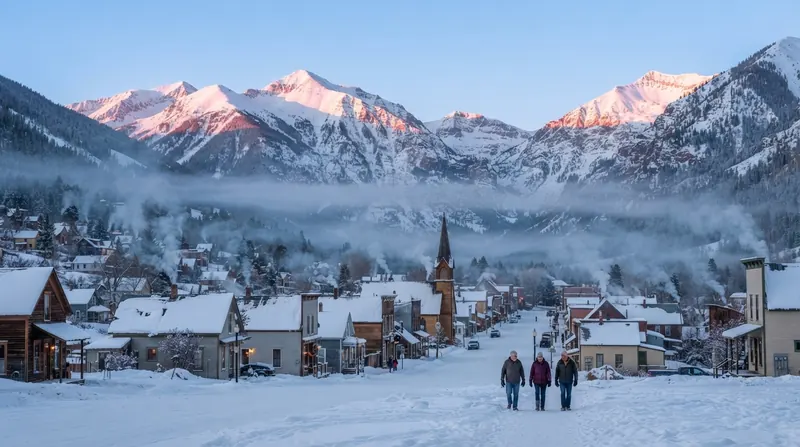 Woodsmoke from chimneys settling over a small mountain valley town at sunrise