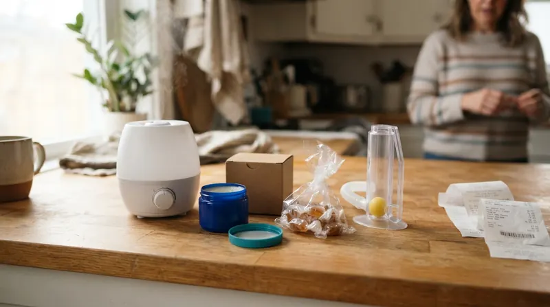 A small collection of household items on a kitchen counter: a humidifier, a jar of chest rub, a box of shower tablets and a bag of lozenges