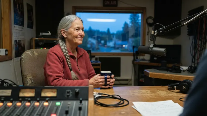 An older woman in a fleece jacket sitting in a radio studio guest chair holding a coffee mug, a mixing board and microphone in front of her