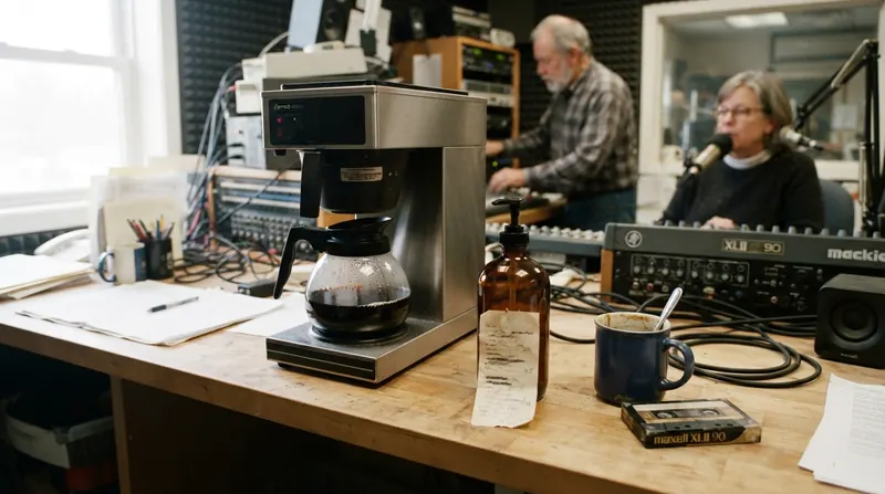 A grease-pencil note on torn printer paper tucked under a small amber pump-top bottle beside a studio coffee maker