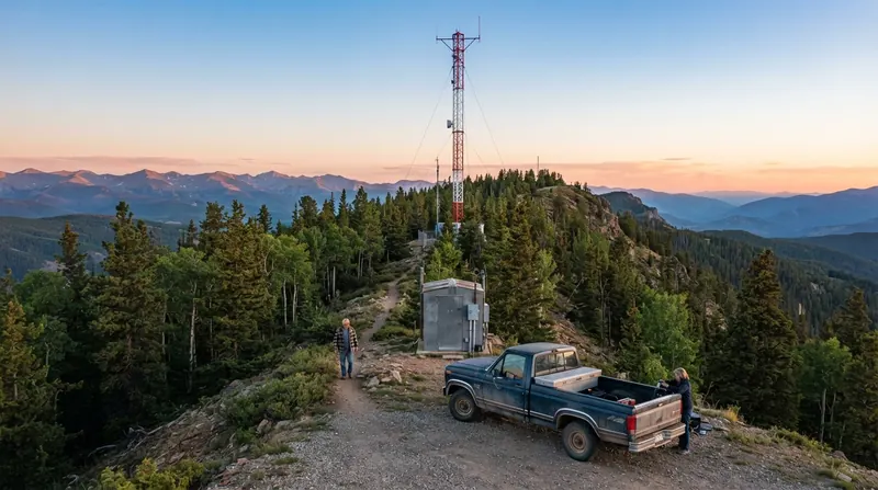 A radio transmitter tower on a ridge at dawn with a small equipment shed and a pickup truck