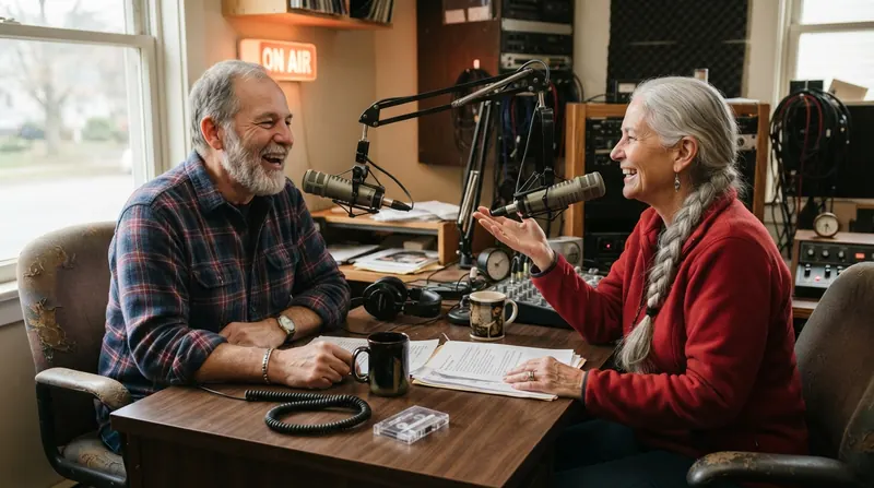 Two older people laughing at a radio studio desk with two microphones, coffee mugs and a cassette tape between them