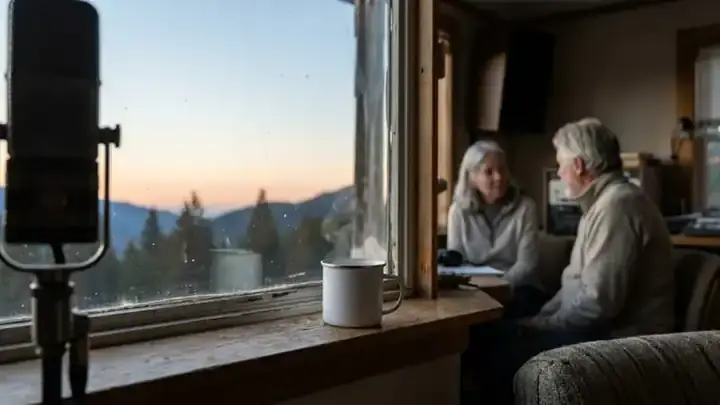 Steam rising from a coffee mug on a radio studio windowsill at dawn with mountains outside, slow zoom