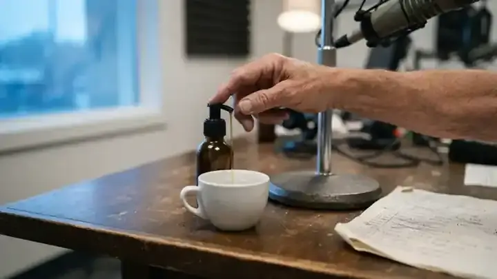 A hand pressing the black pump top of a small amber bottle over a white coffee cup with a little water, on a radio studio desk, slow zoom