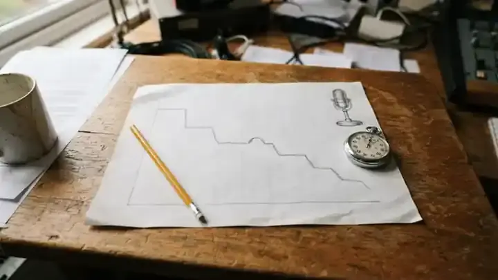 A hand-drawn chart in pencil on a printed rundown sheet showing a line stepping down from left to right, a tiny microphone sketched in the corner, slow zoom